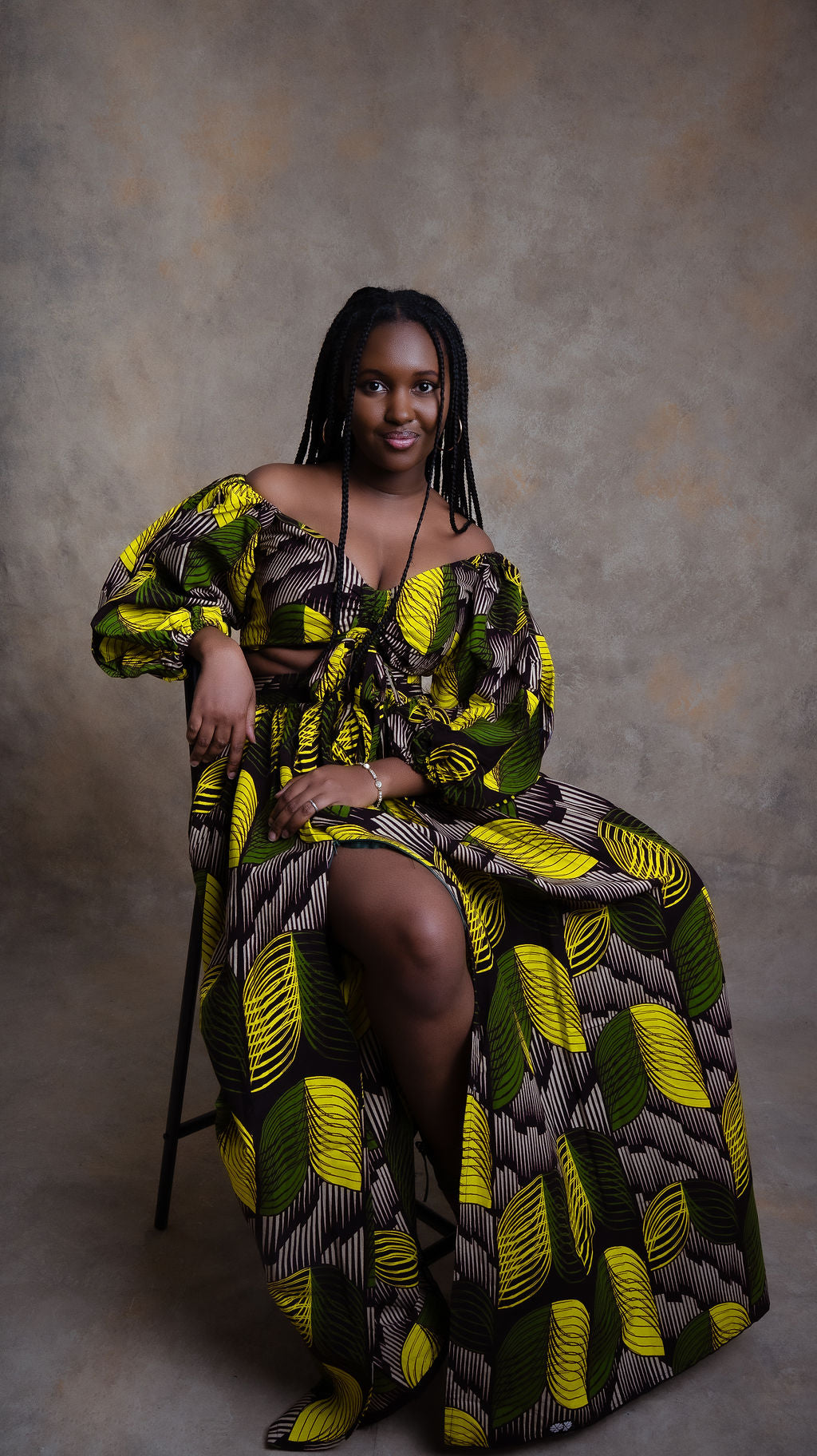 Ankara Leaf Print Off-Shoulder Maxi Dress - Golden Elegance