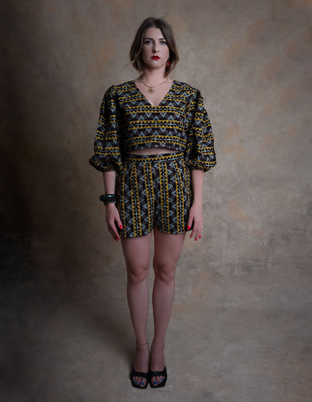 Ankara Black & Gold Geometric Crop Top & Shorts Set - Midnight Luxe