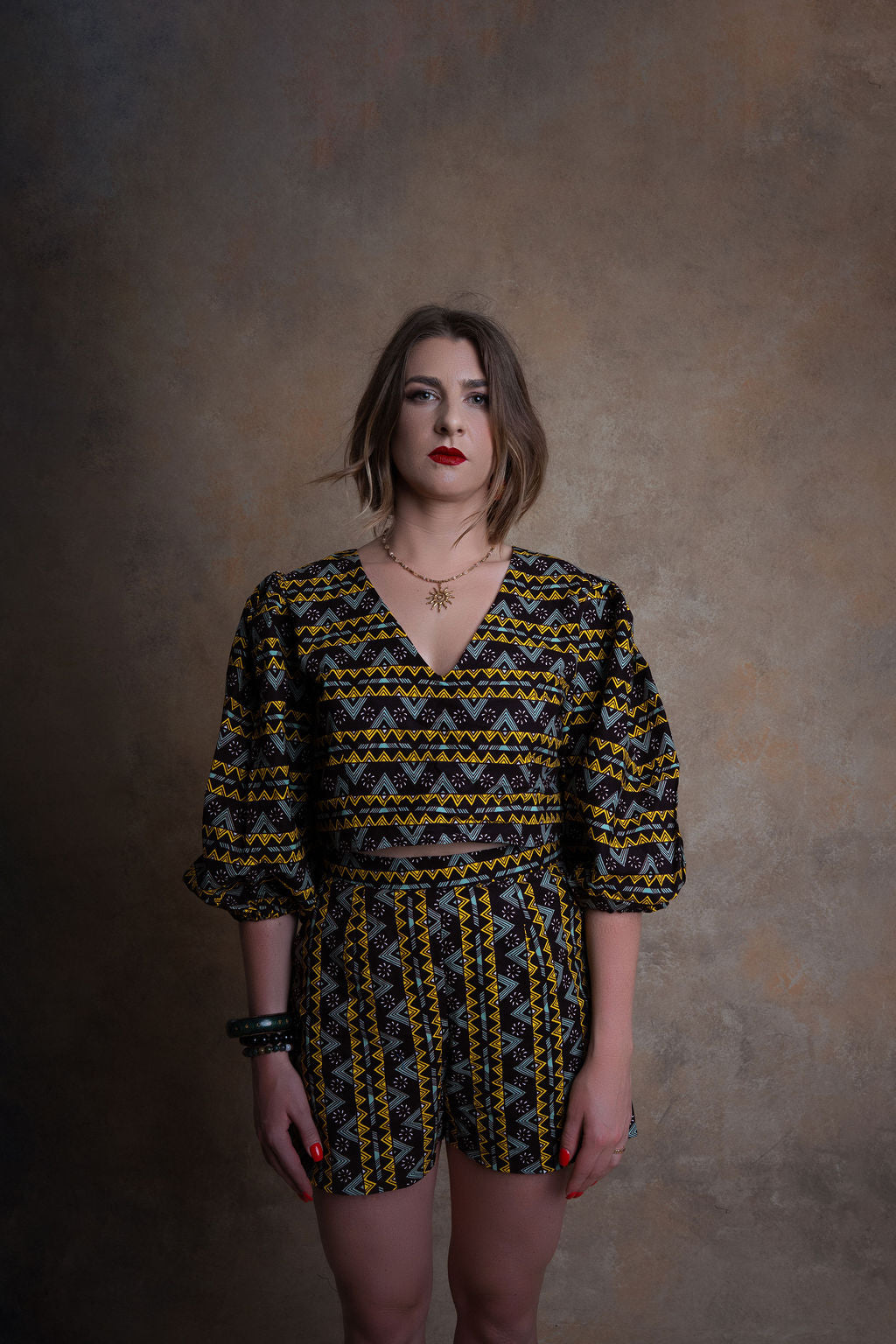 Ankara Black & Gold Geometric Crop Top & Shorts Set - Midnight Luxe