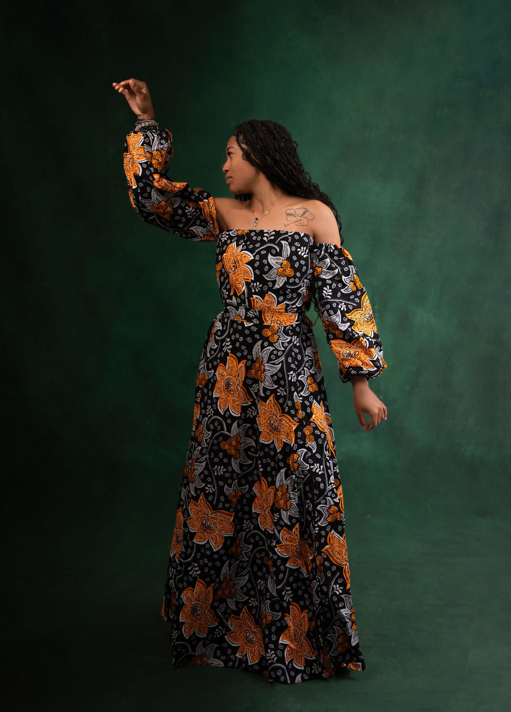 Ankara Black & Orange Floral Off-Shoulder Maxi Dress - Autumn Bloom