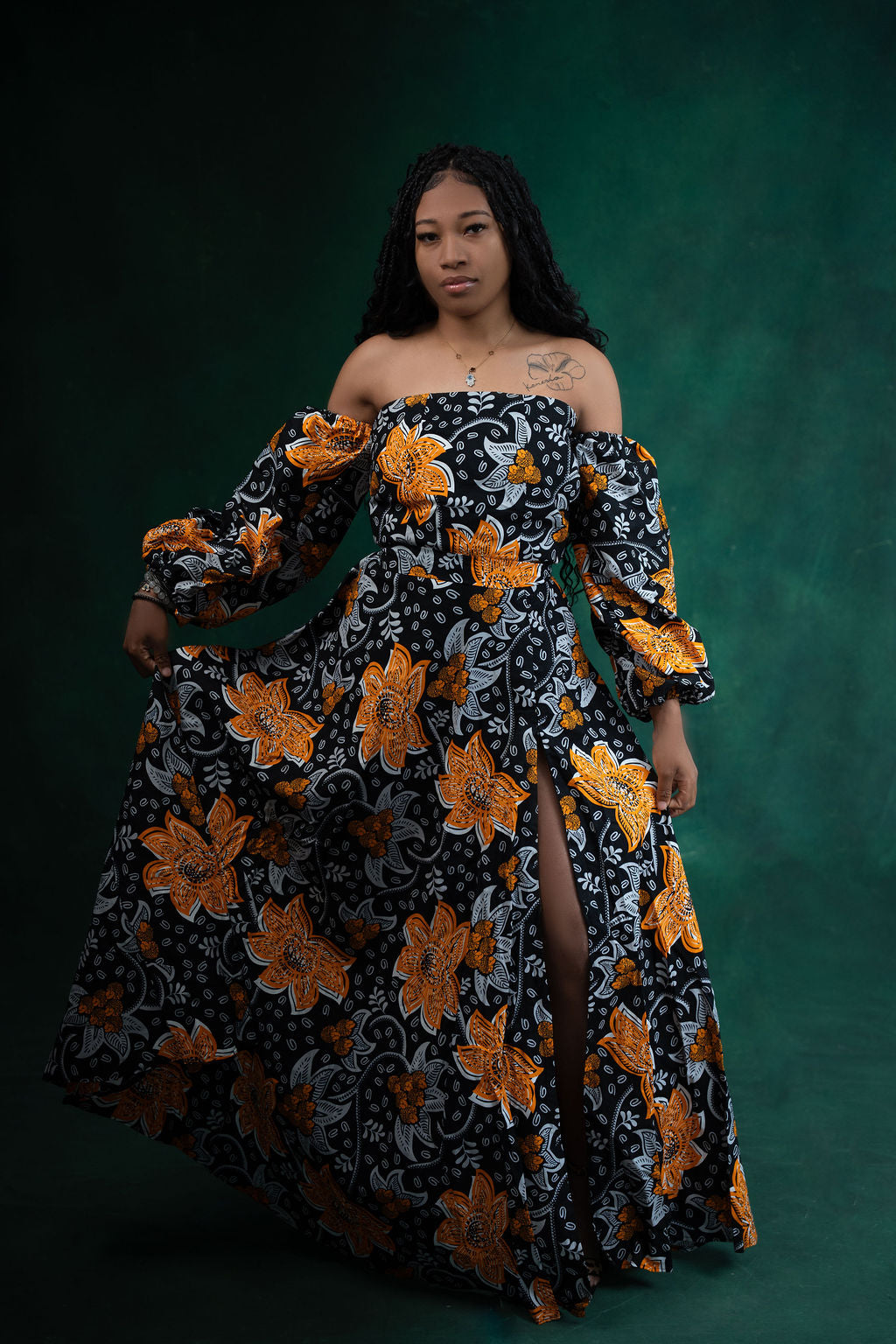 Ankara Black & Orange Floral Off-Shoulder Maxi Dress - Autumn Bloom