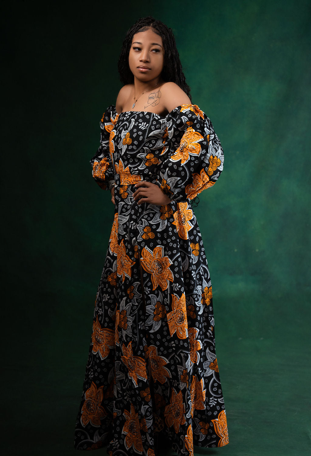 Ankara Black & Orange Floral Off-Shoulder Maxi Dress - Autumn Bloom