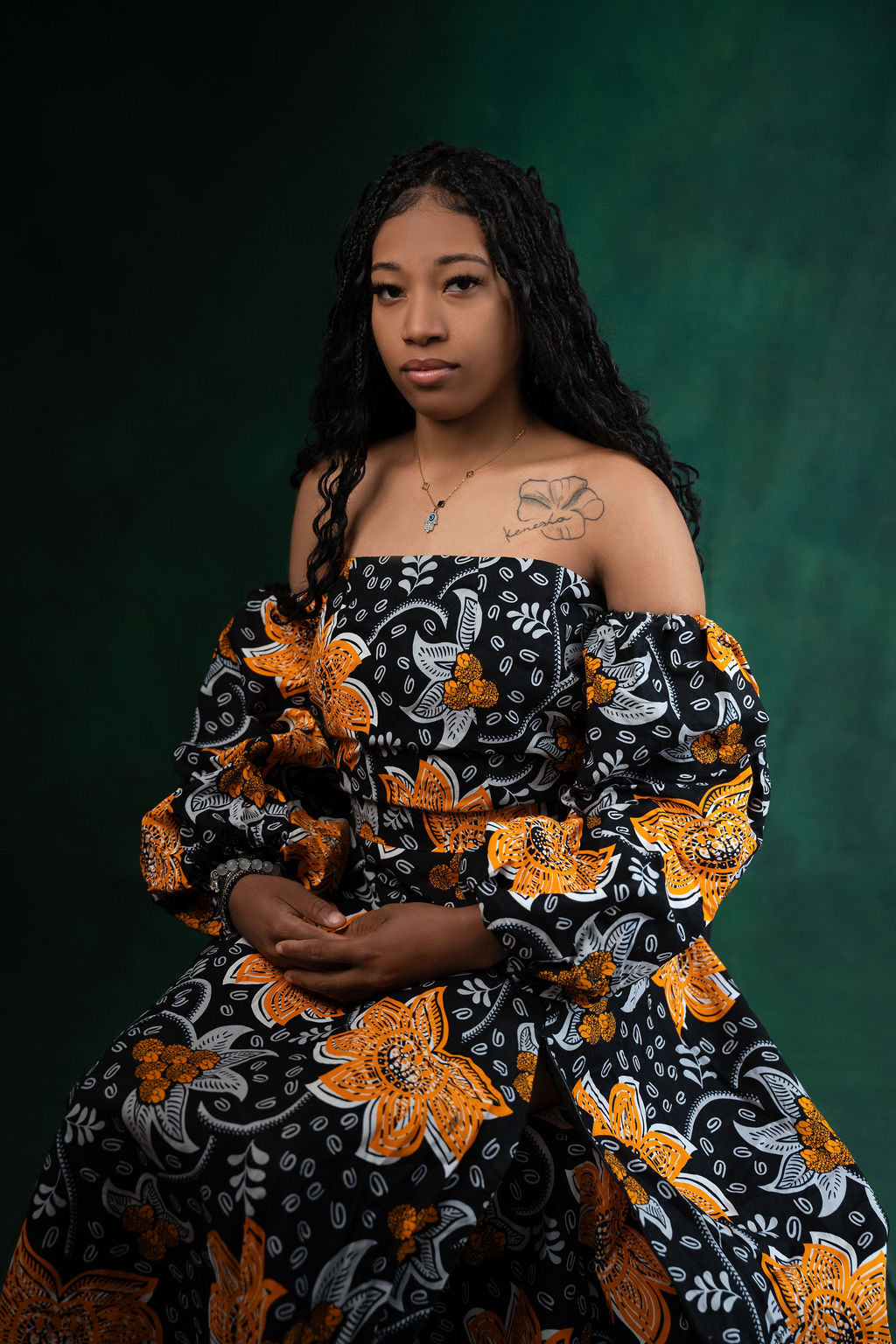 Ankara Black & Orange Floral Off-Shoulder Maxi Dress - Autumn Bloom