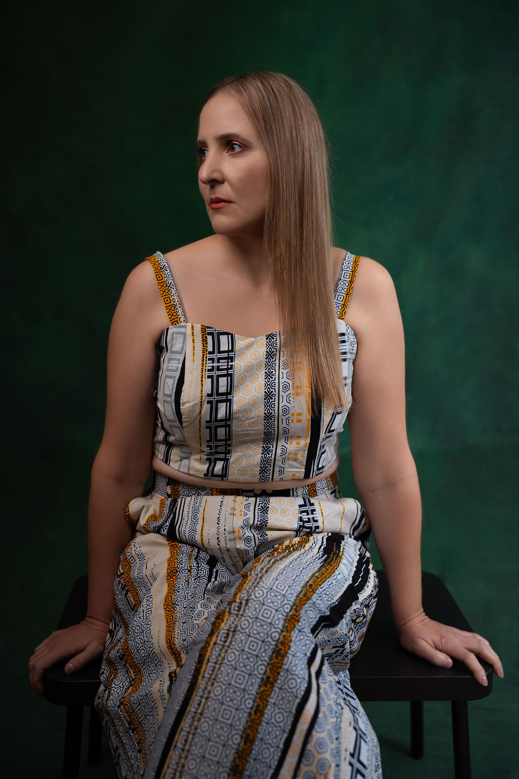 Ankara White & Gold Tribal Stripe Crop Top & Pants Set - Golden Heritage