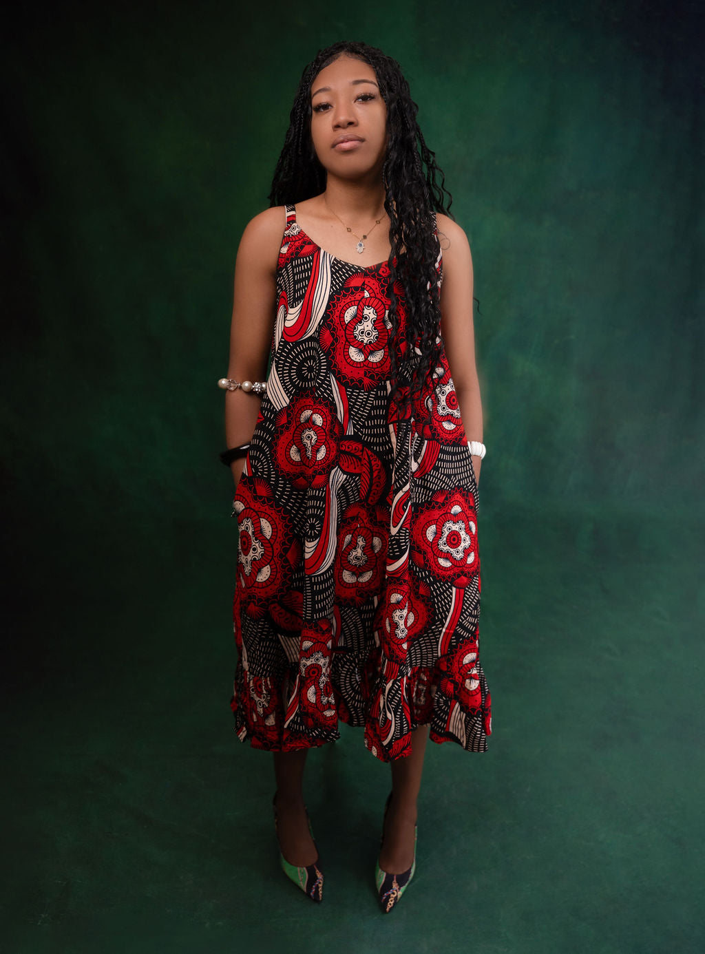 Ankara Red & Black Circular Medallion Dress - Crimson Circles