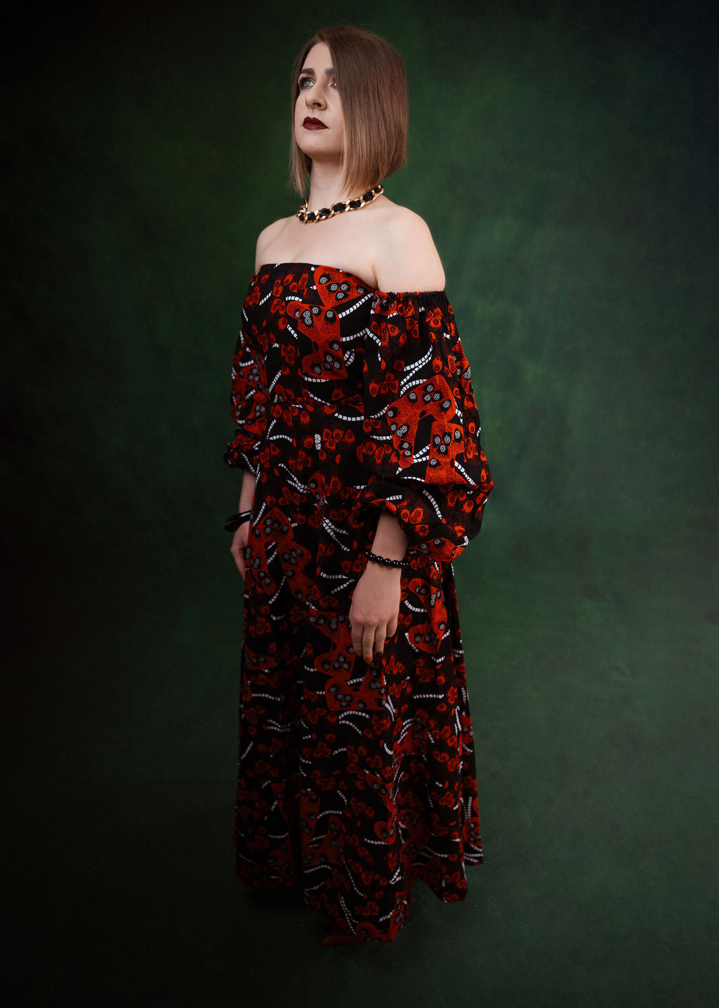 Ankara Burgundy Swirl Off-Shoulder Maxi Dress - Crimson Elegance