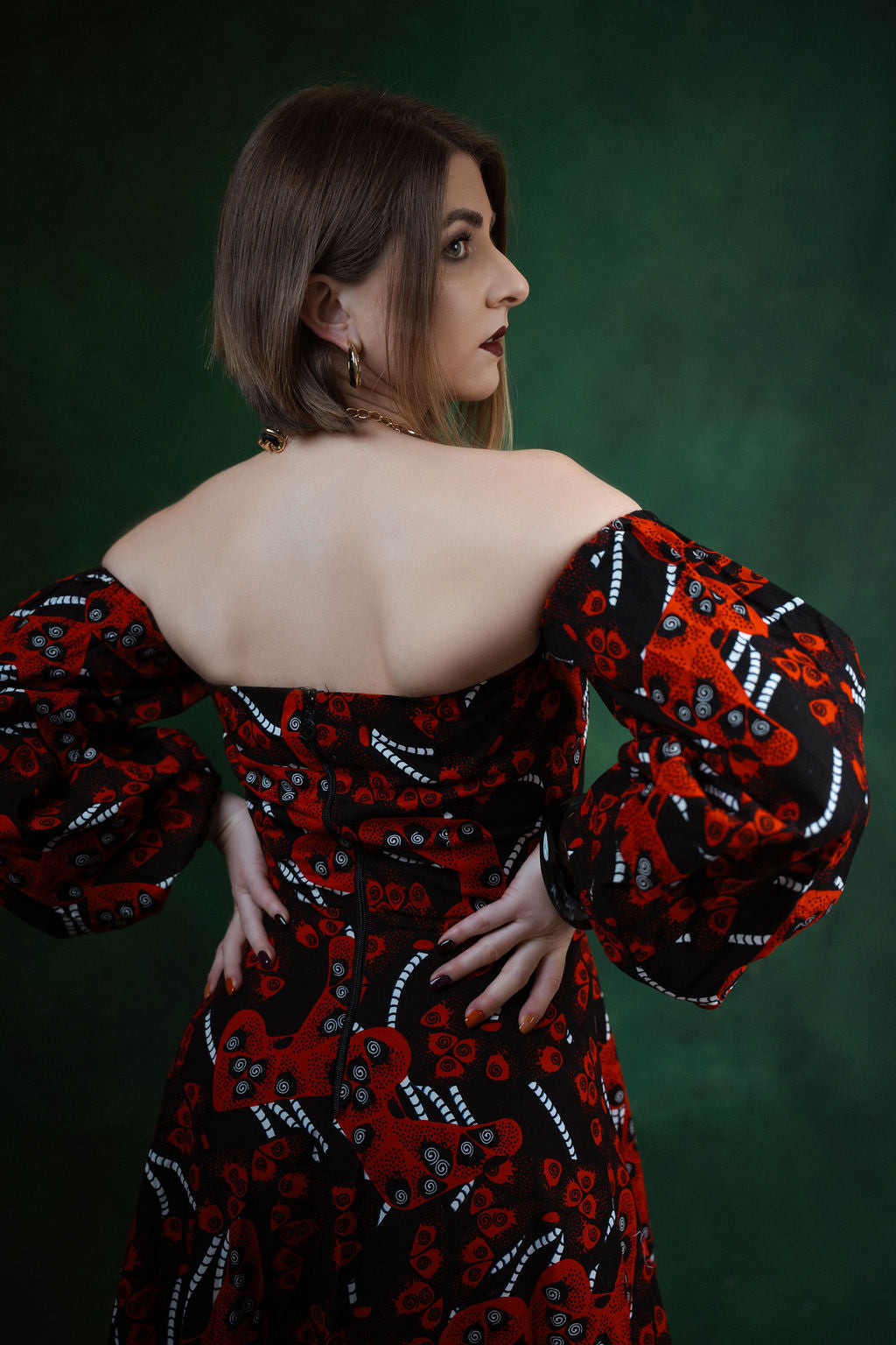 Ankara Burgundy Swirl Off-Shoulder Maxi Dress - Crimson Elegance