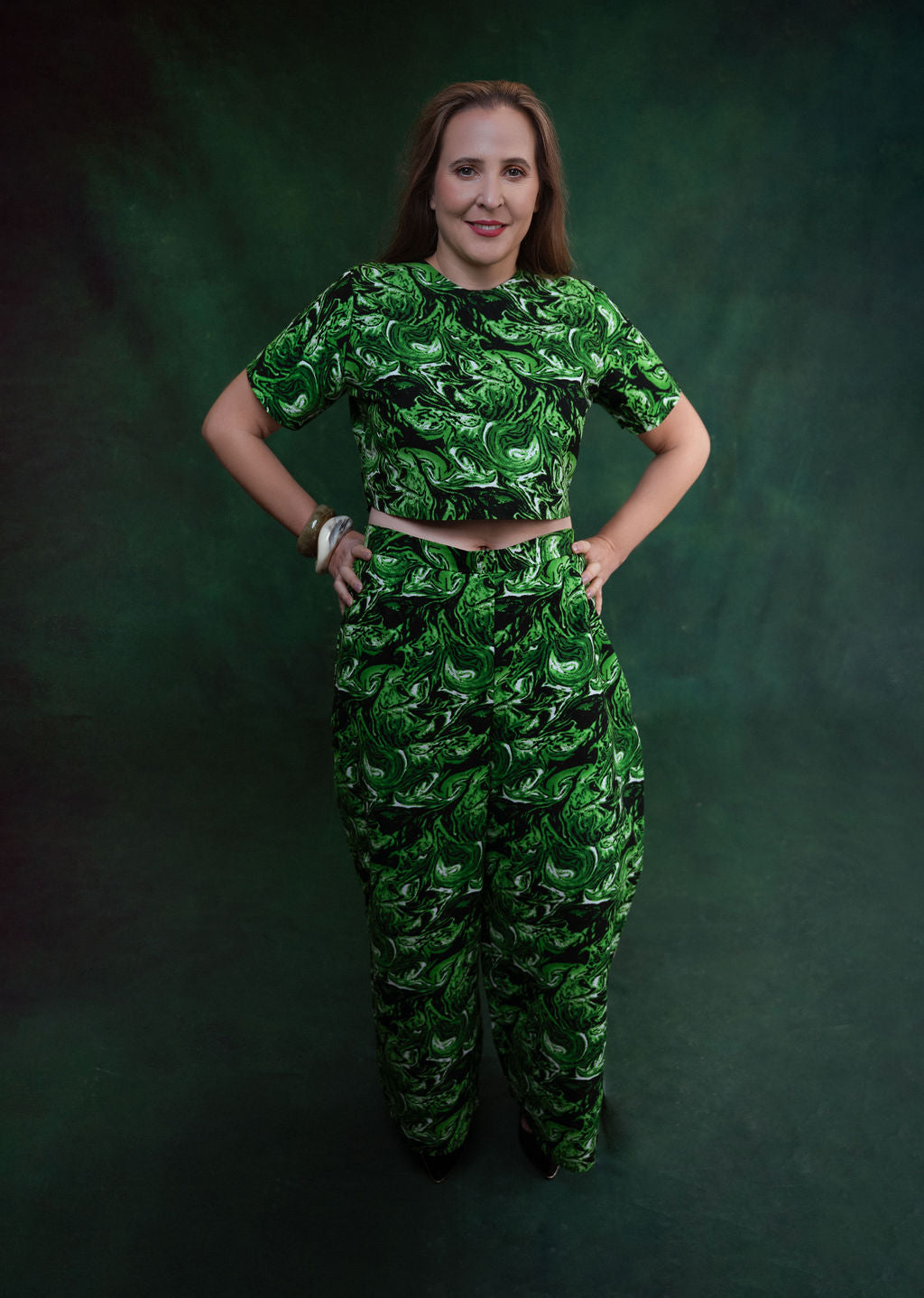 Ankara Green Marble Swirl Crop Top & Pants Set - Emerald Dreams