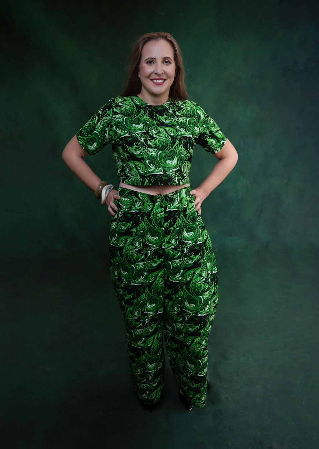 Ankara Green Marble Swirl Crop Top & Pants Set - Emerald Dreams