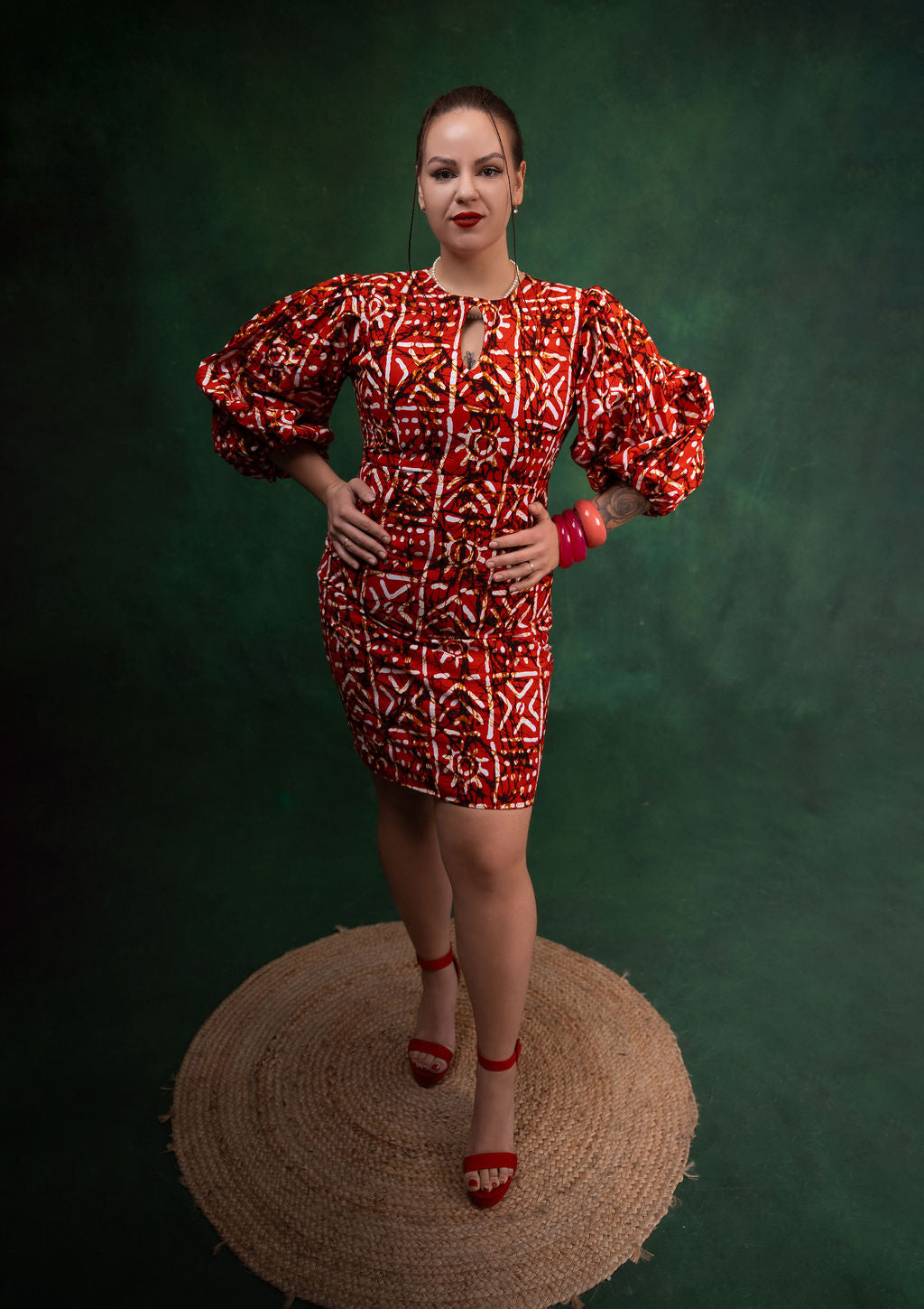 Ankara Red Geometric Puff Sleeve Dress - Crimson Majesty