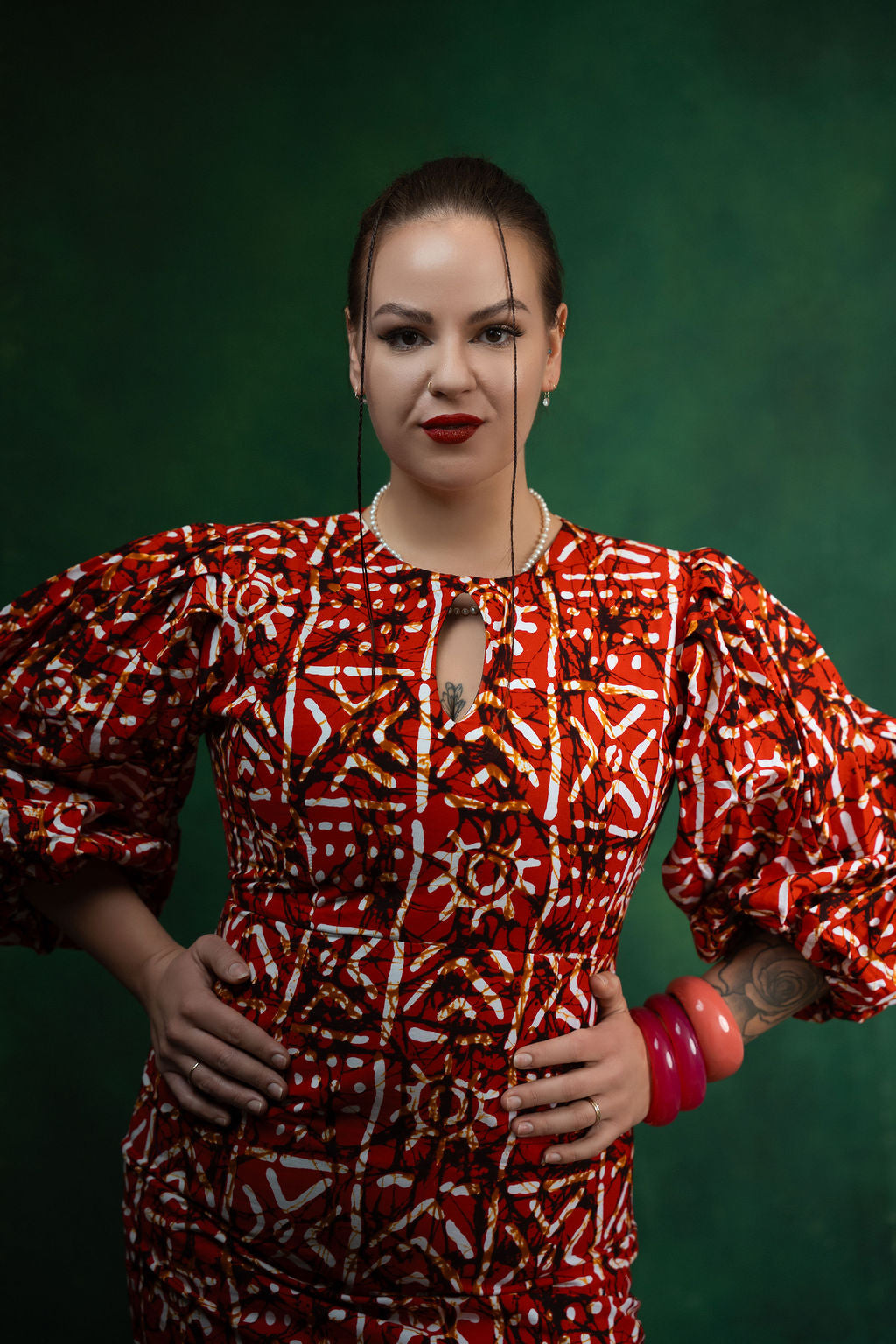 Ankara Red Geometric Puff Sleeve Dress - Crimson Majesty