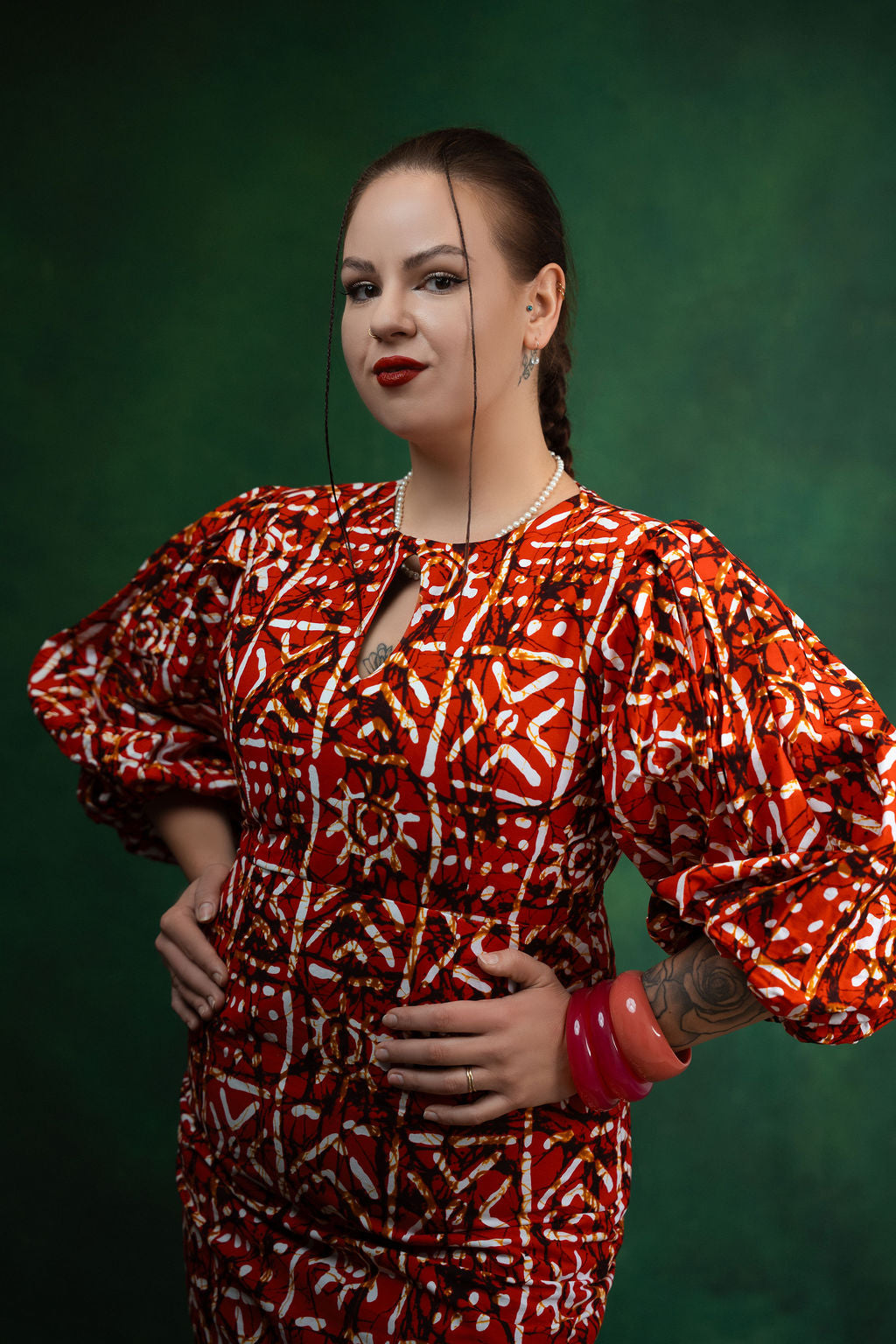 Ankara Red Geometric Puff Sleeve Dress - Crimson Majesty