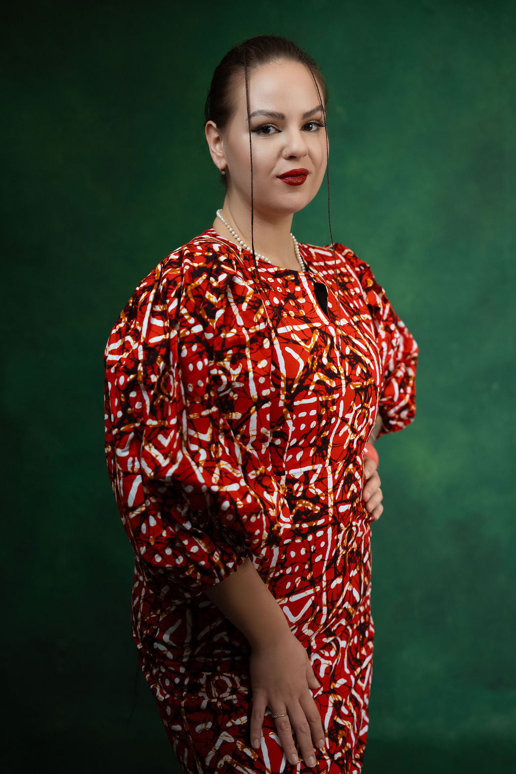Ankara Red Geometric Puff Sleeve Dress - Crimson Majesty