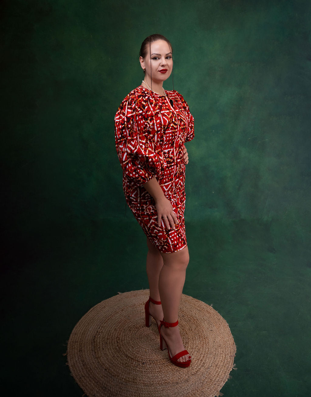 Ankara Red Geometric Puff Sleeve Dress - Crimson Majesty