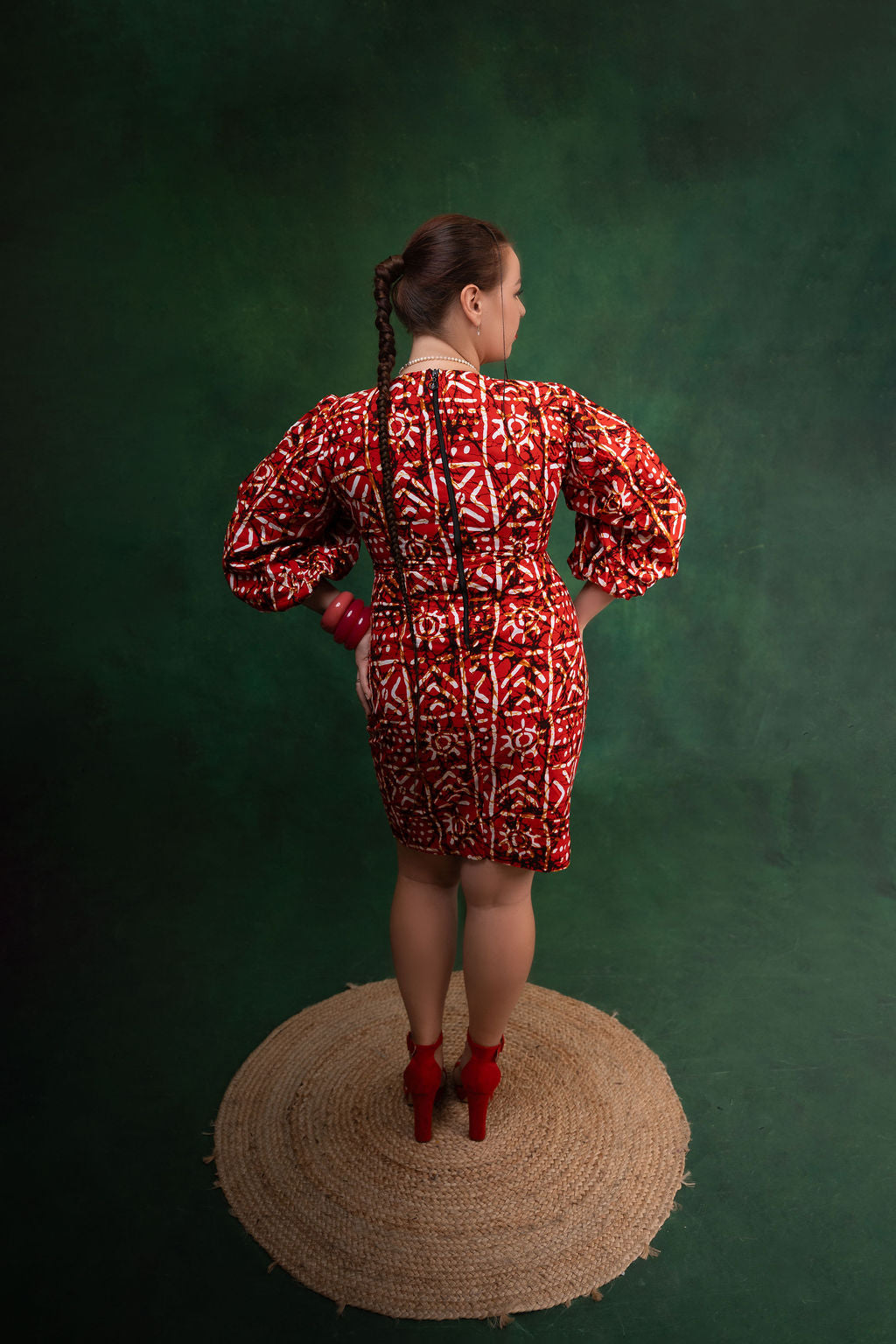 Ankara Red Geometric Puff Sleeve Dress - Crimson Majesty