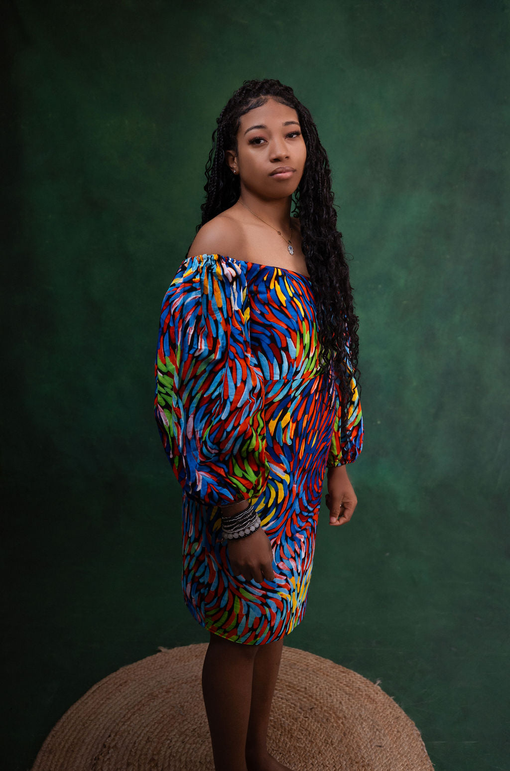 Ankara Rainbow Swirl Off-Shoulder Dress - Kaleidoscope Dreams