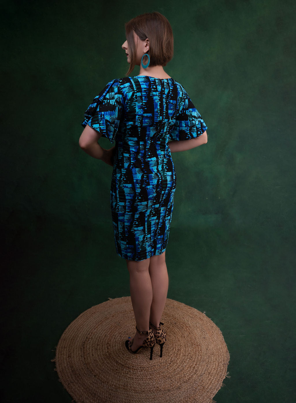 Ankara Turquoise Geometric Ruffle Dress - Ocean Waves