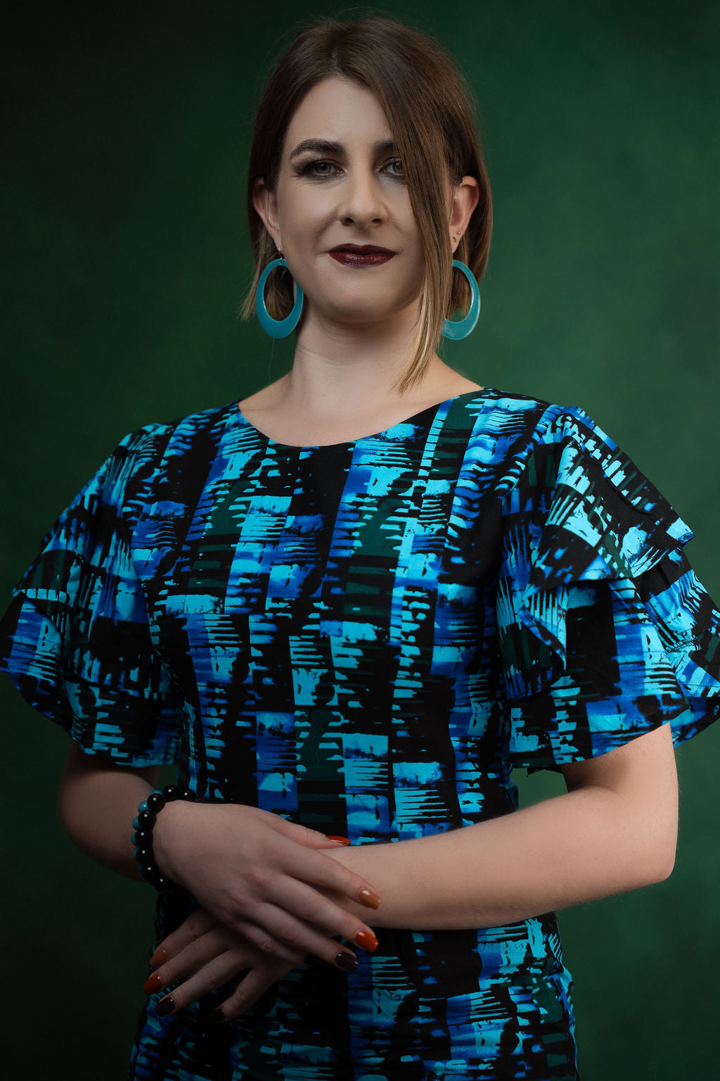 Ankara Turquoise Geometric Ruffle Dress - Ocean Waves