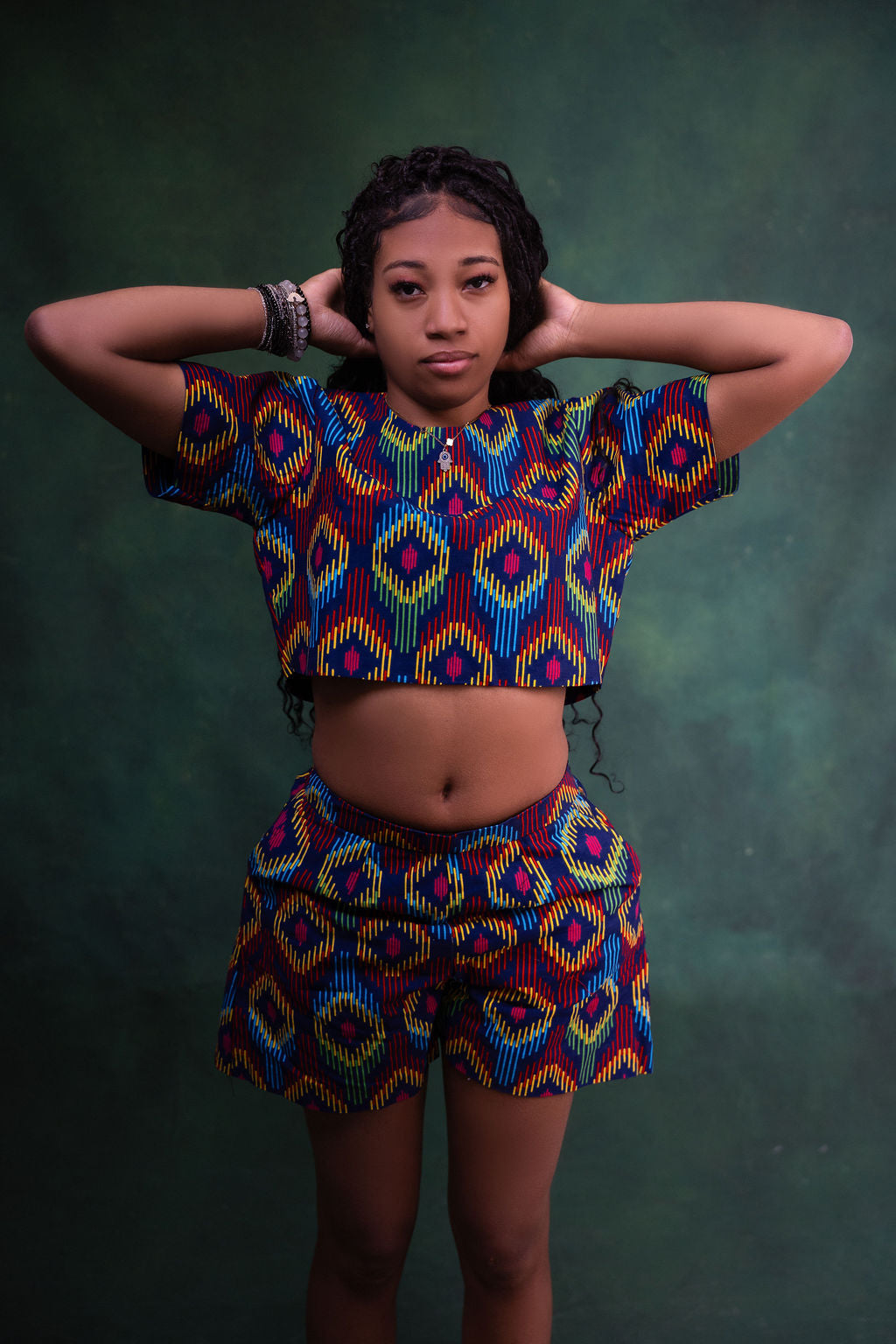 Ankara Rainbow Geometric Crop Top & Shorts Set - Vibrant Spectrum