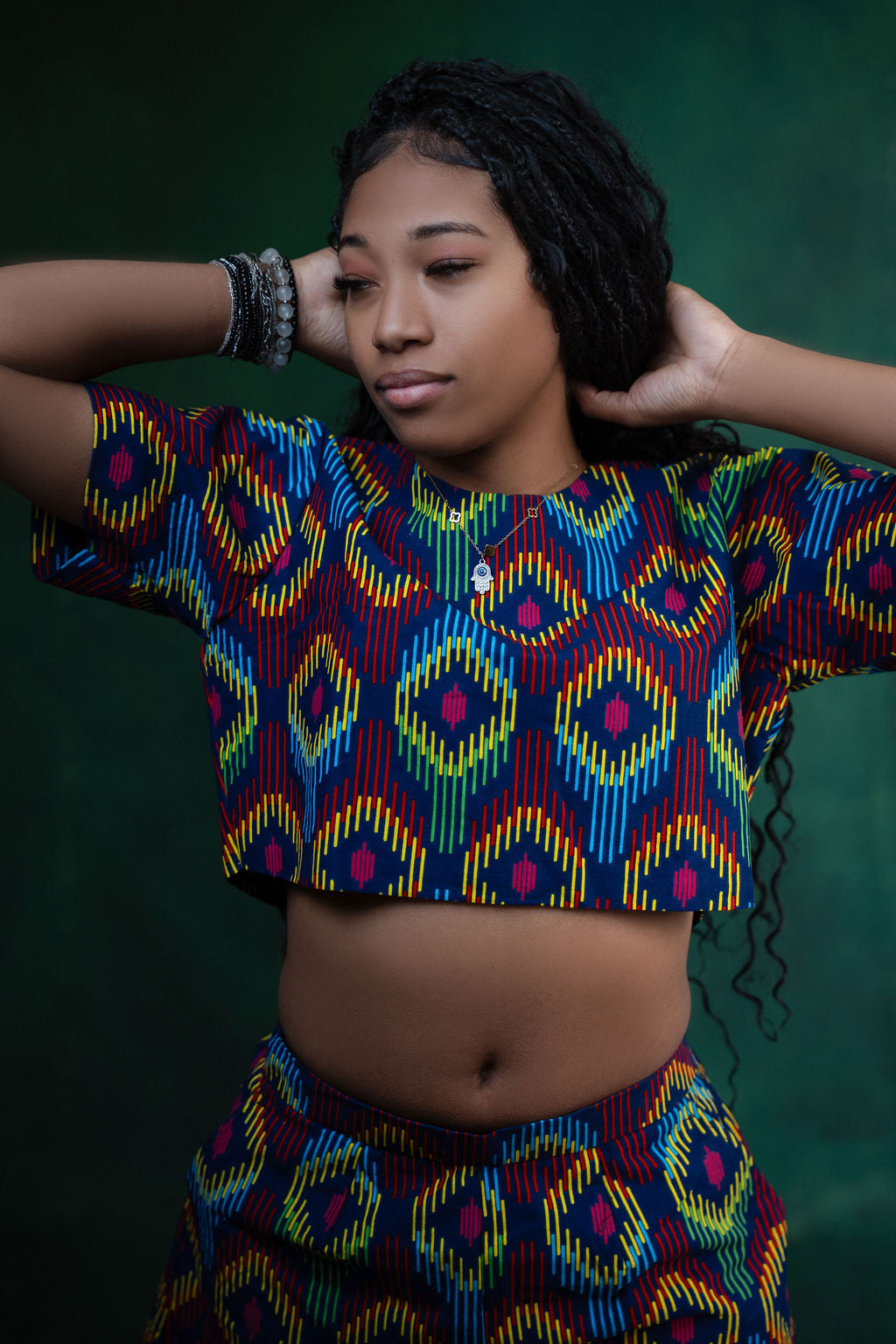 Ankara Rainbow Geometric Crop Top & Shorts Set - Vibrant Spectrum