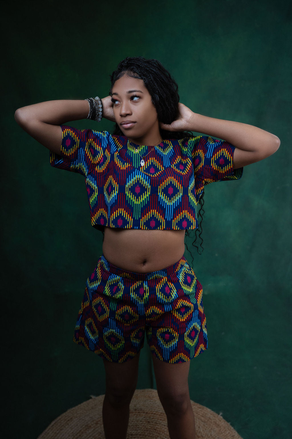 Ankara Rainbow Geometric Crop Top & Shorts Set - Vibrant Spectrum