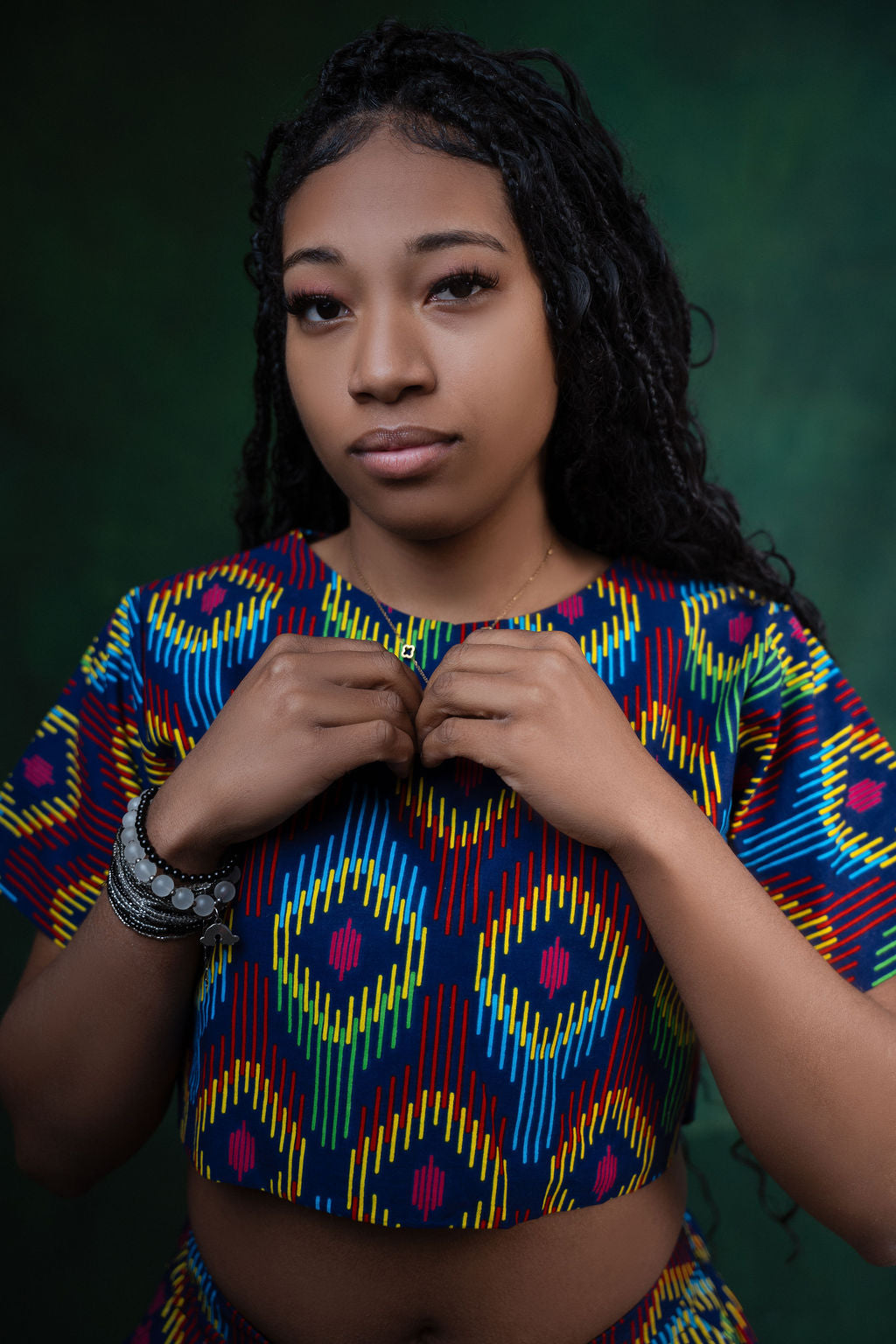 Ankara Rainbow Geometric Crop Top & Shorts Set - Vibrant Spectrum