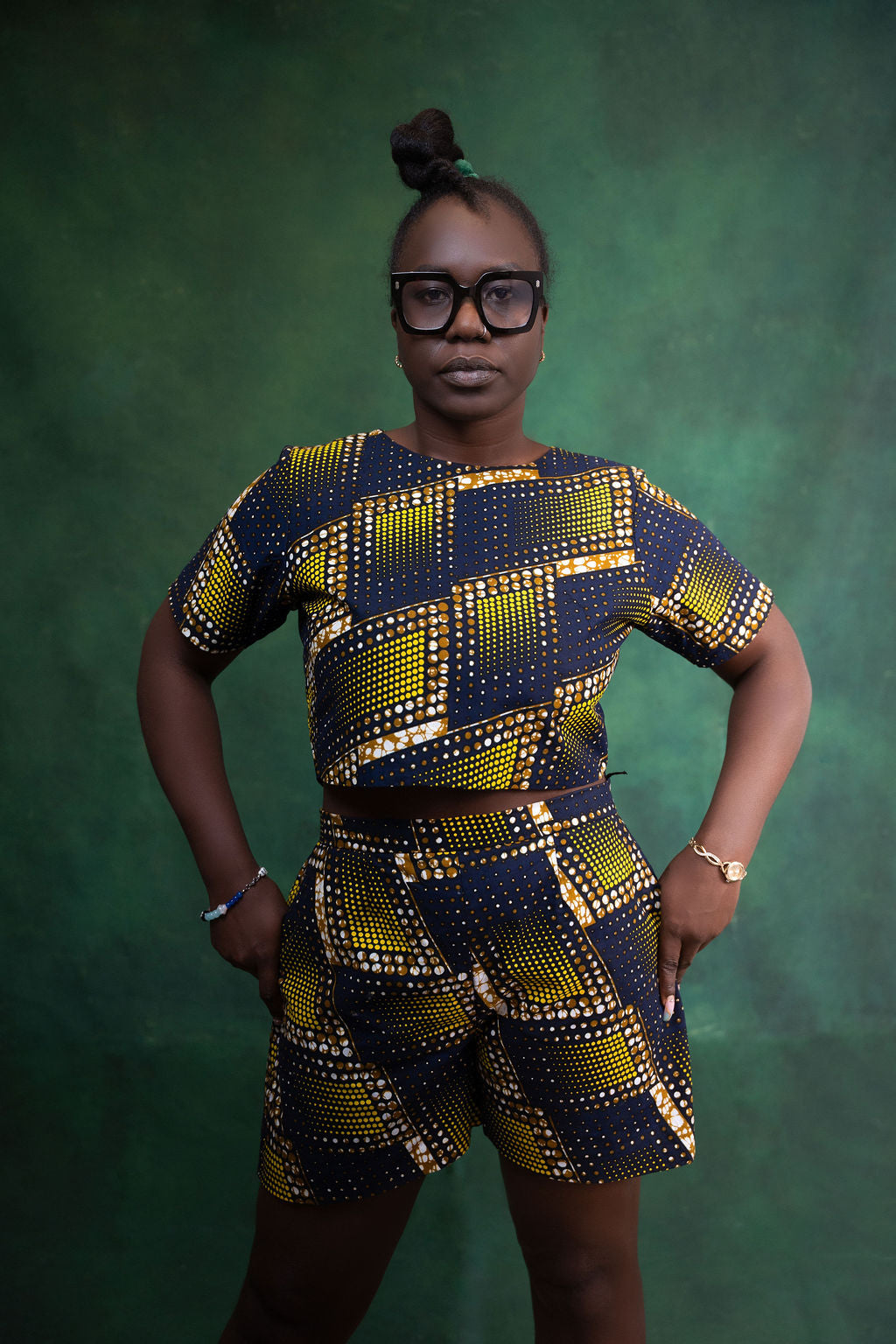 Ankara Geometric Dot Crop Top & Shorts Set - Golden Nights