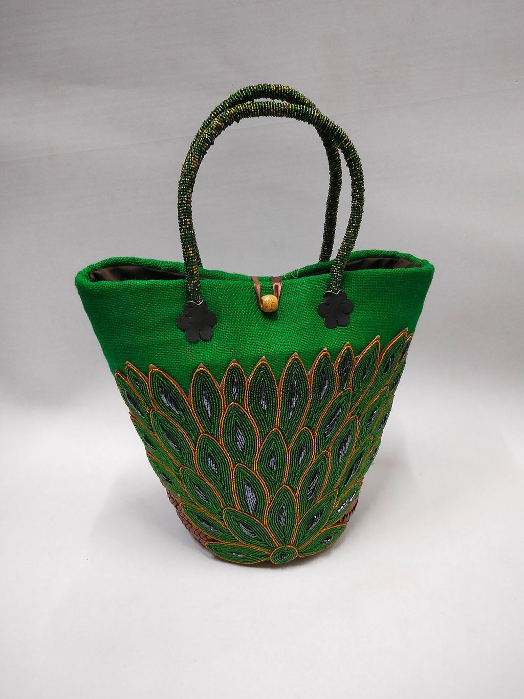 Emerald Green Peacock Feather Beaded Tote Bag