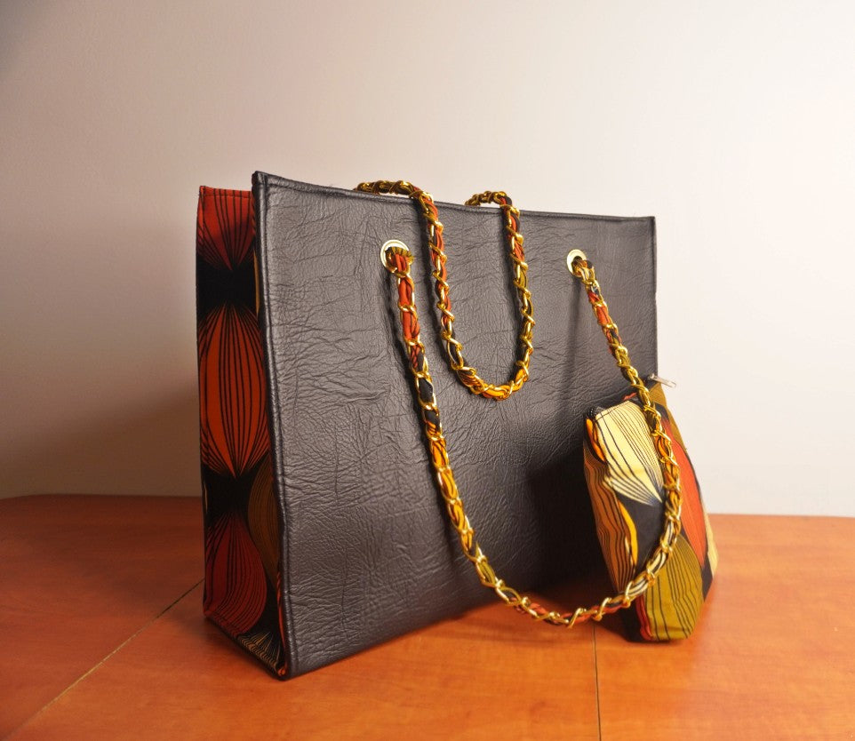 Faux Leather Ankara Heritage Tote Bag - Brown & Orange Geometric