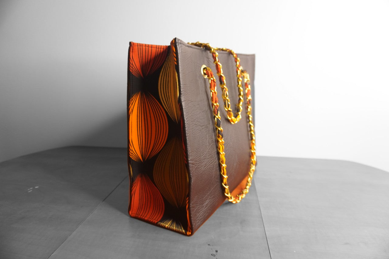 Faux Leather Ankara Heritage Tote Bag - Brown & Orange Geometric